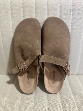 Taupe Suede Clog Mules with Adjustable Buckle